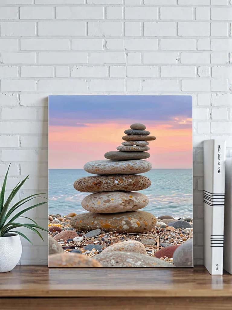 Stacked Stones Beach Sunset Canvas Wall Art for Home Decor