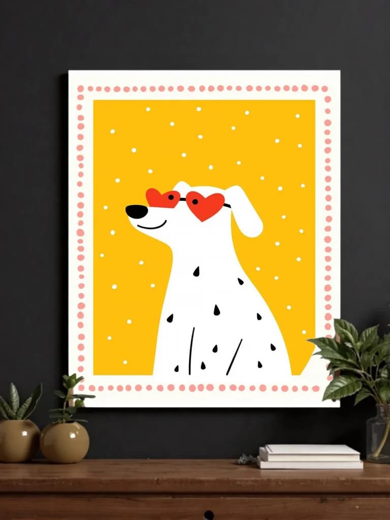 Cute Spotty Dog with Heart Glasses Canvas Wall Art for Living Room Decor