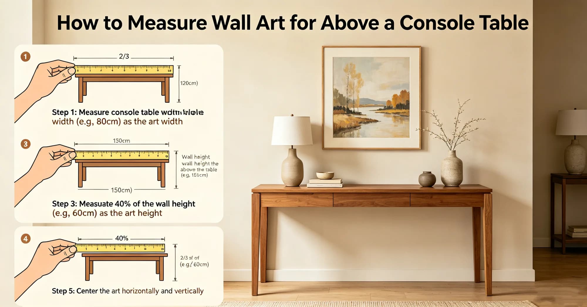 how to choose wall art height above a console table with a lamp