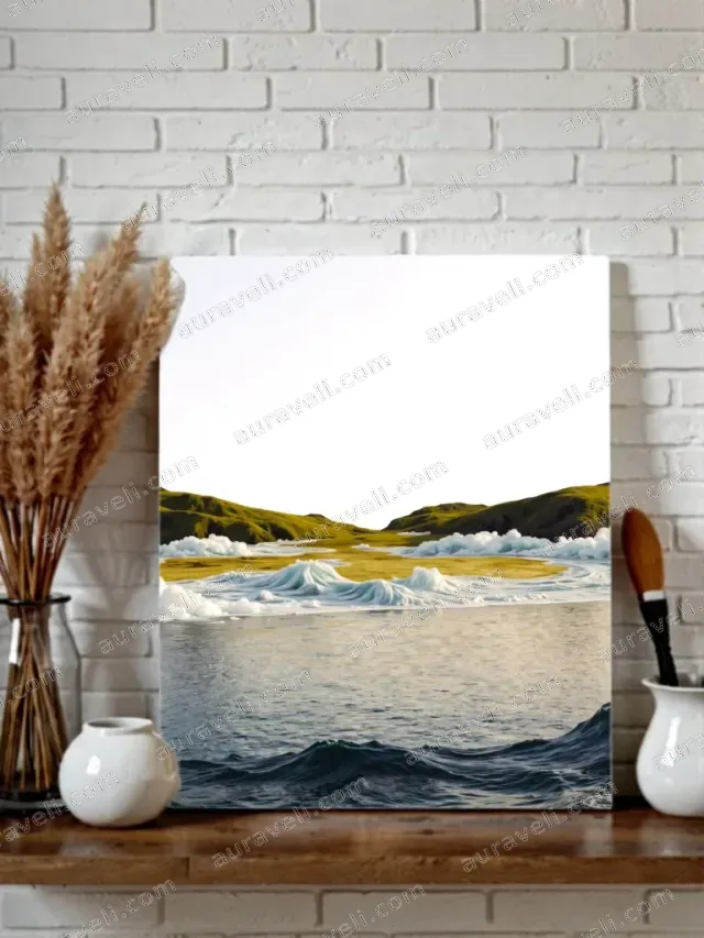 Surreal Wave, Golden Land & Green Hill Canvas Wall Art for Home Decor — art print