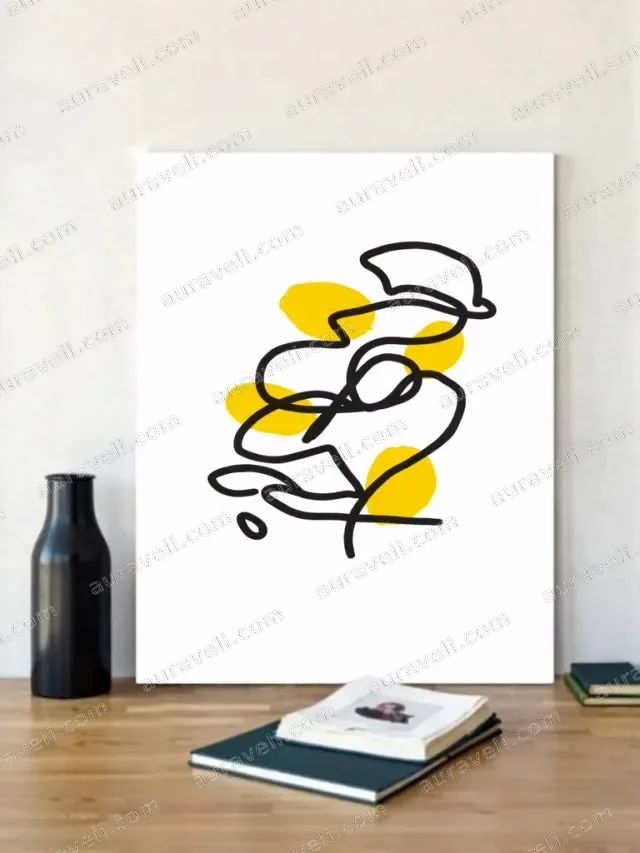 Abstract Line Art Canvas Wall Art with Yellow Dots for Living Room Decor — art print