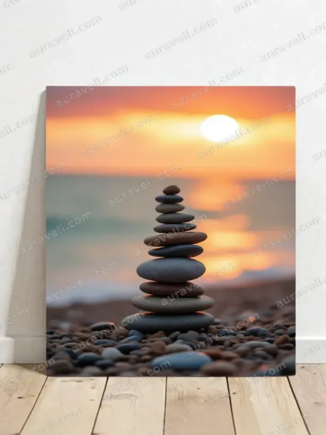 Balanced Stones Beach Sunset Canvas Wall Art for Home Decor — art print