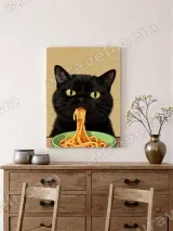 Black Cat Eating Spaghetti Canvas Wall Art for Home Decor – view 2