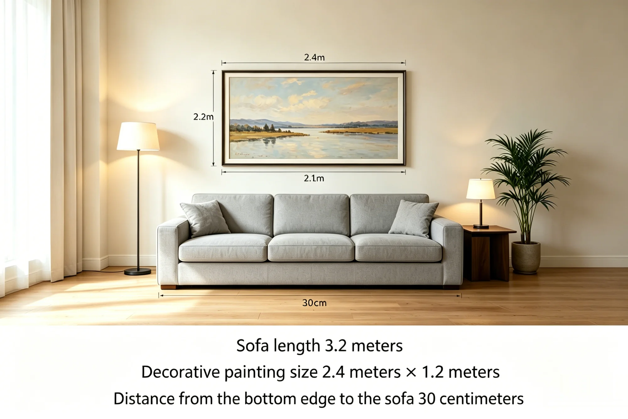 What size large wall decor works best above a sofa in an open plan living room